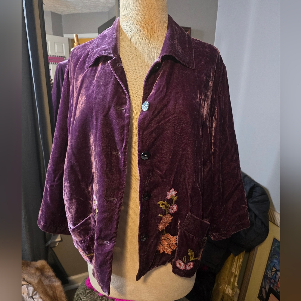 Artsy and Chic J.Jill Plum Velvet Embroidered Button-Front Jacket - Picture 8 of 8